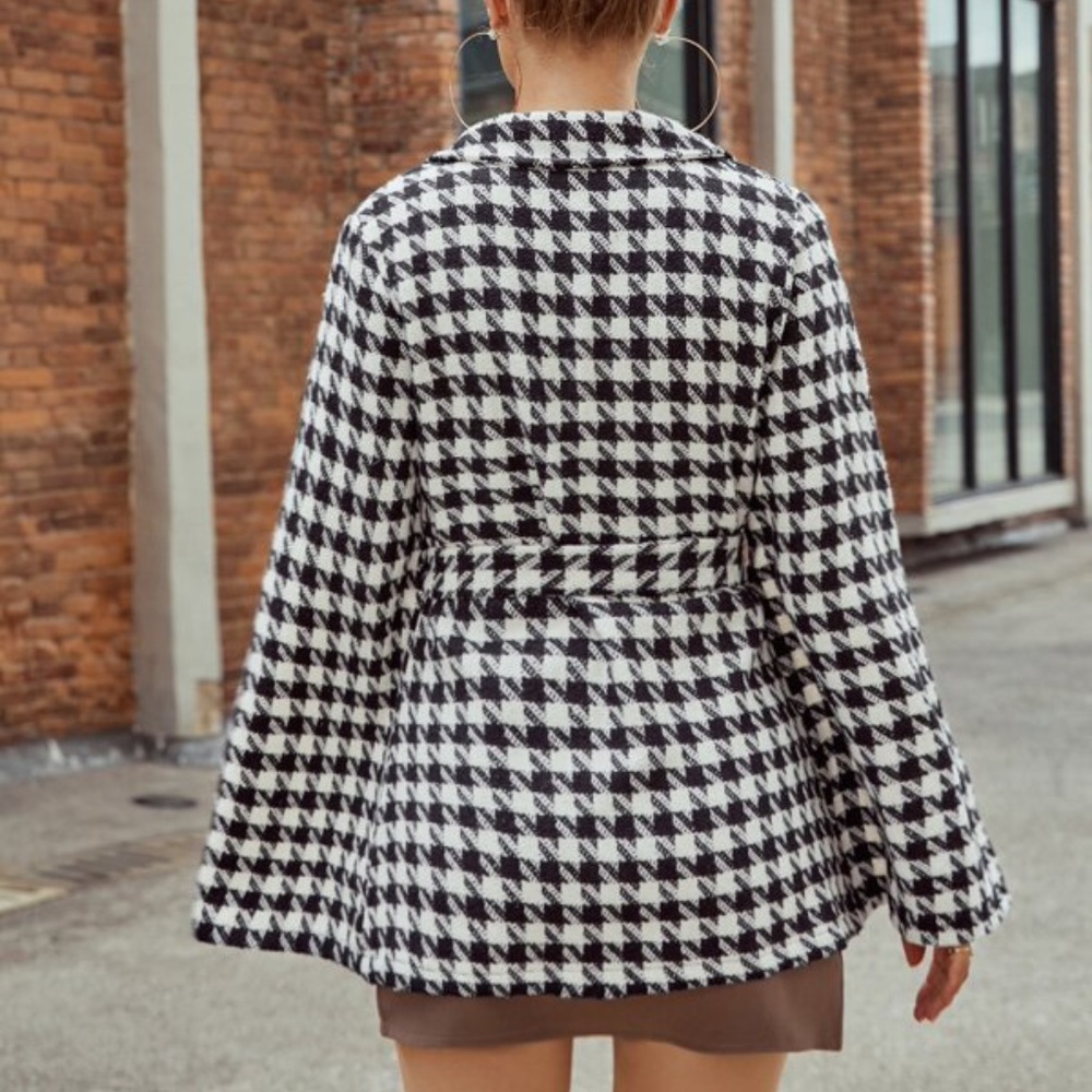 Classic Black White Houndstooth Cape Jacket Minimalist - Picture 3 of 5